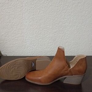 Tan Ankle Booties with Stacked Heel and Slip-On Design